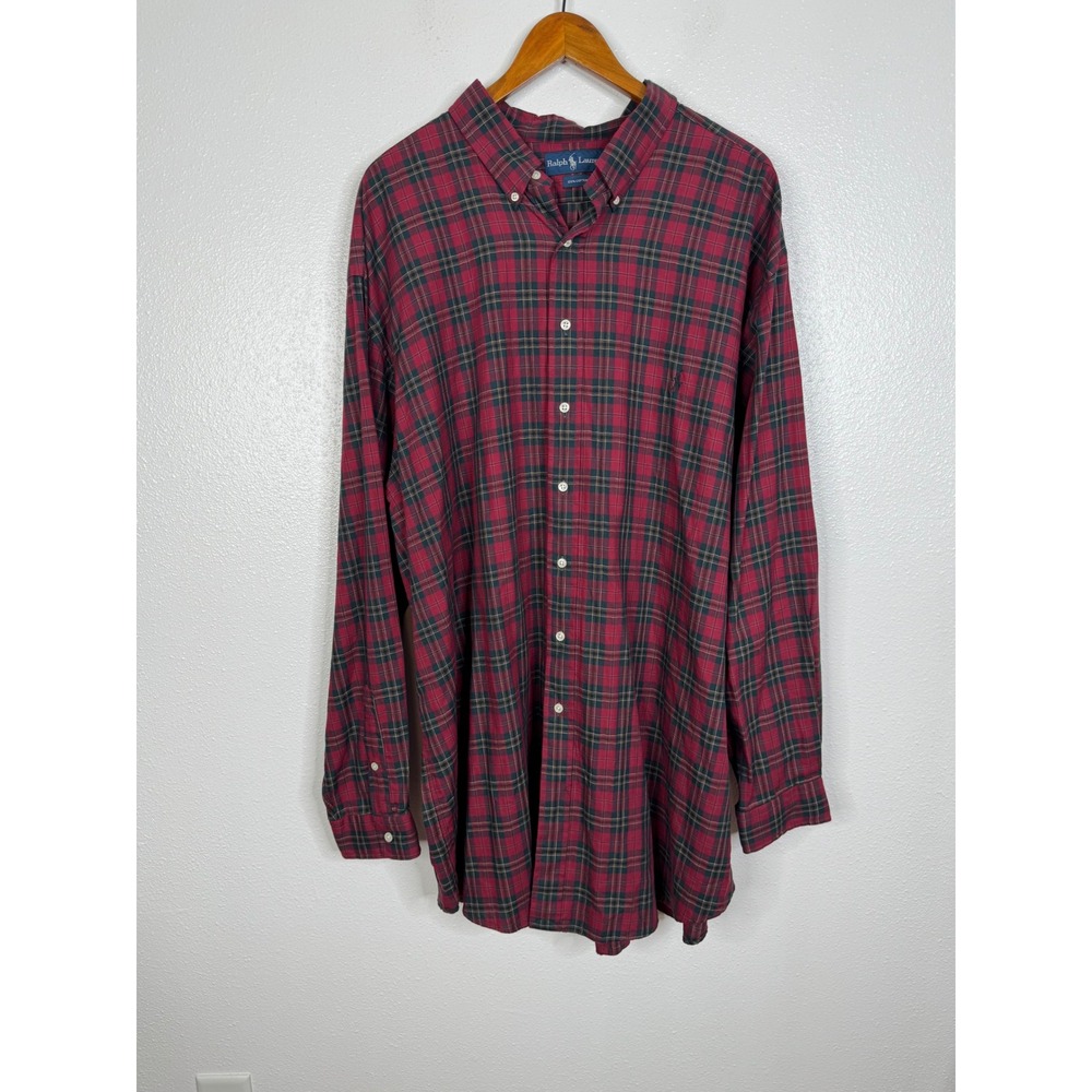 Ralph Lauren Mens 3XLT Tall Red Green Plaid Cotton Button Down Shirt Long Sleeve